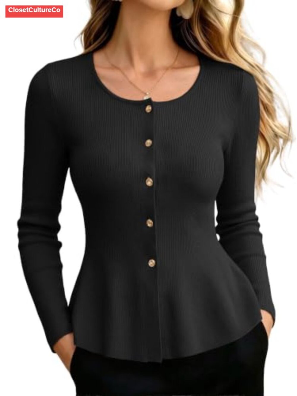 Women's Ribbed Knit Peplum Cardigan Long Sleeve Gold Button Sweater Top